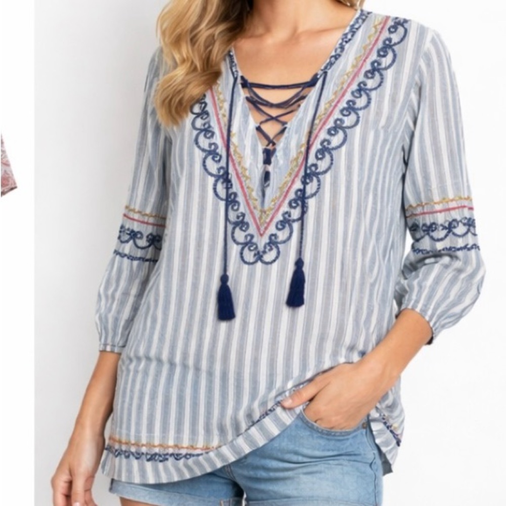 English Factory Size Small Blue and White Striped Embroidered Top